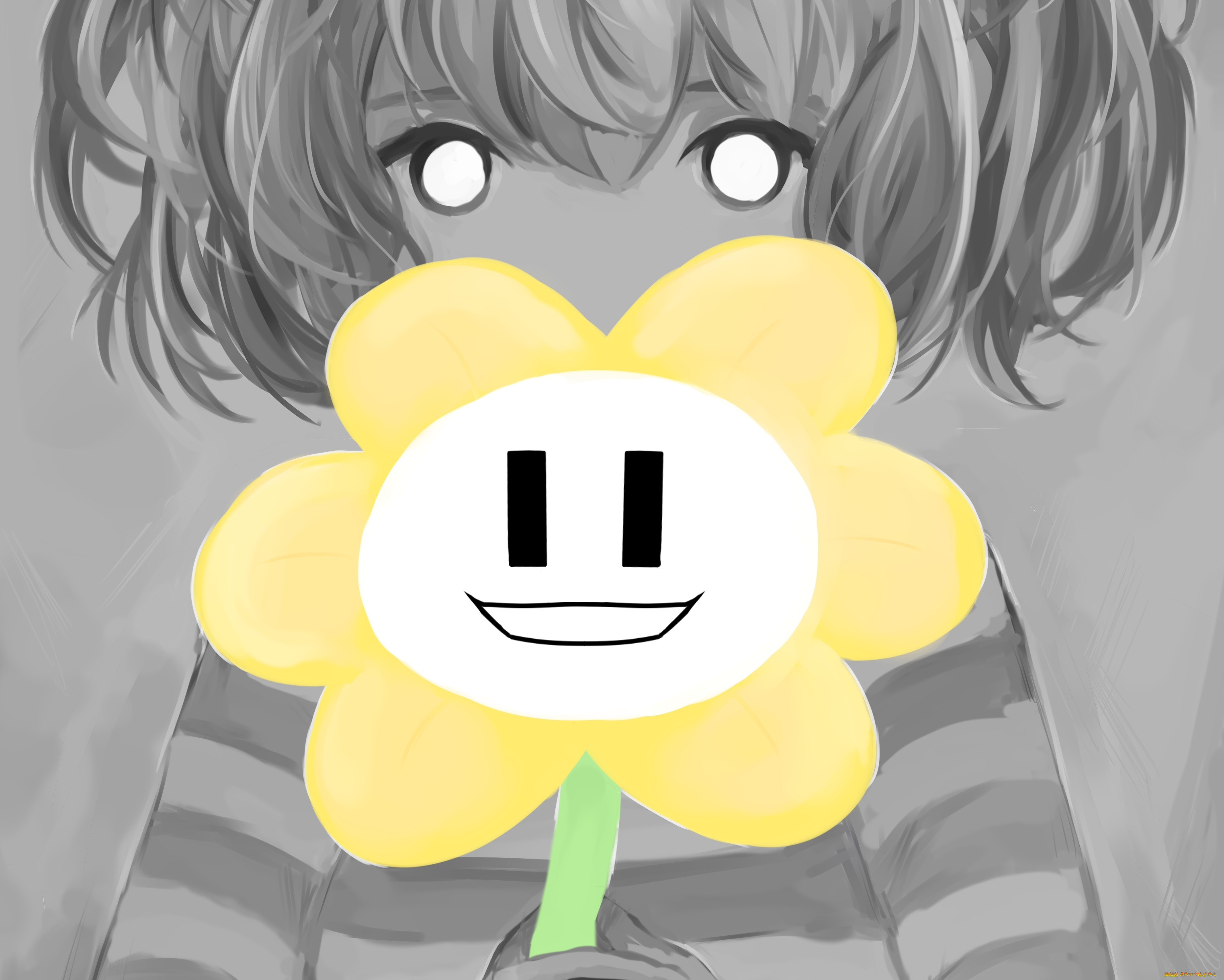 Обои Аниме Undertale, обои для рабочего стола, фотографии аниме, unknown,  другое, flowey, цветок, взгляд, арт, frisk, undertale Обои для рабочего  стола, скачать обои картинки заставки на рабочий стол.